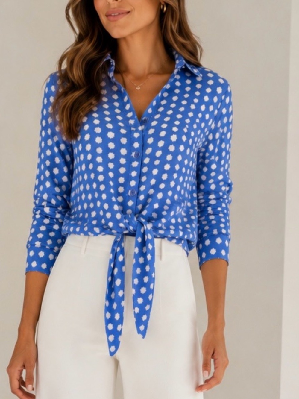 Michael Kors Blue Polka Dot Tie-Front Button Down Shirt